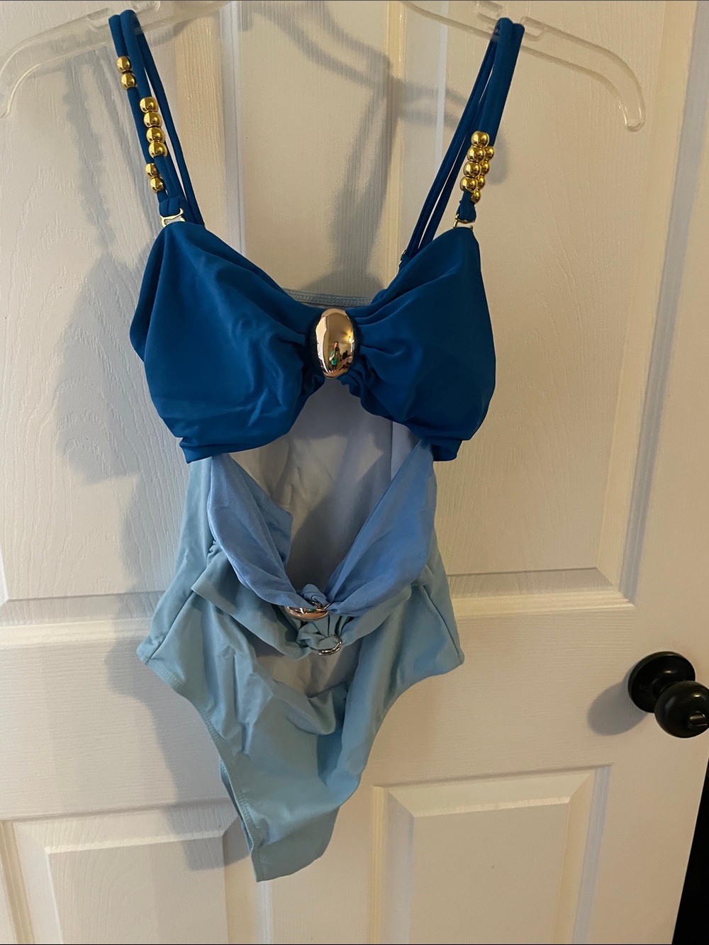 Blue Ombre One-Piece Swim Footie with Gold Bead Accents